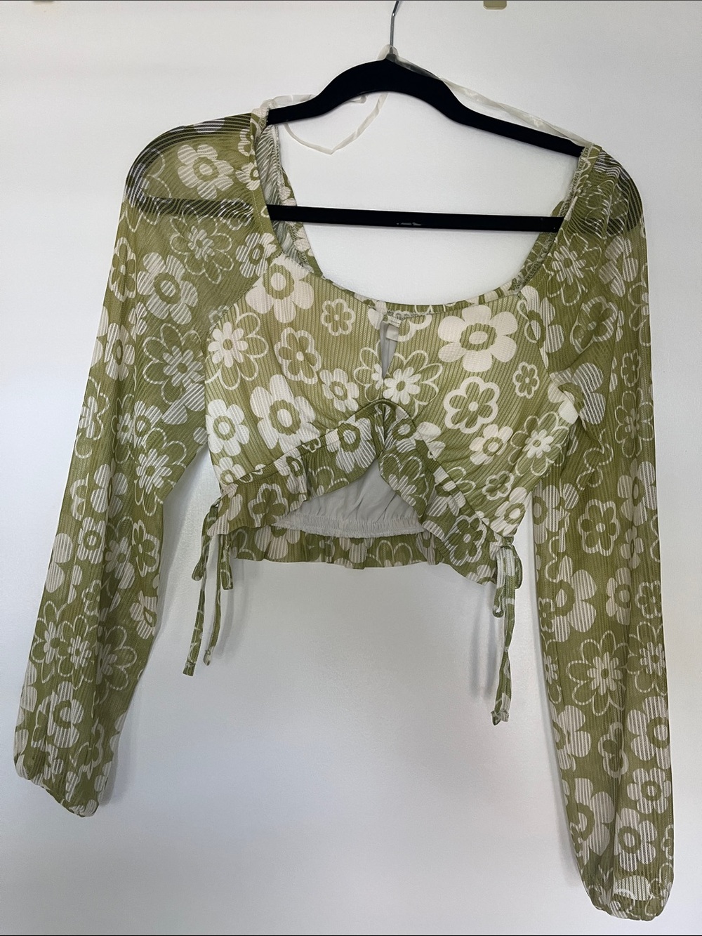 Sheer Olive Green Floral Tie-Front Blouse - Women